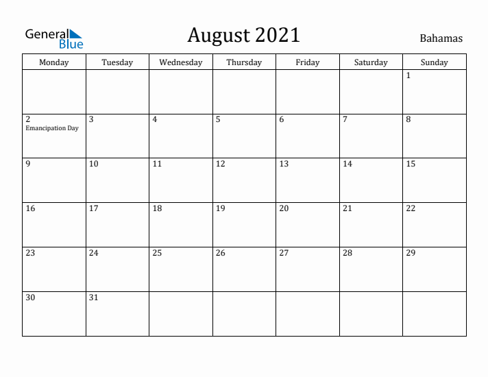 August 2021 Calendar Bahamas