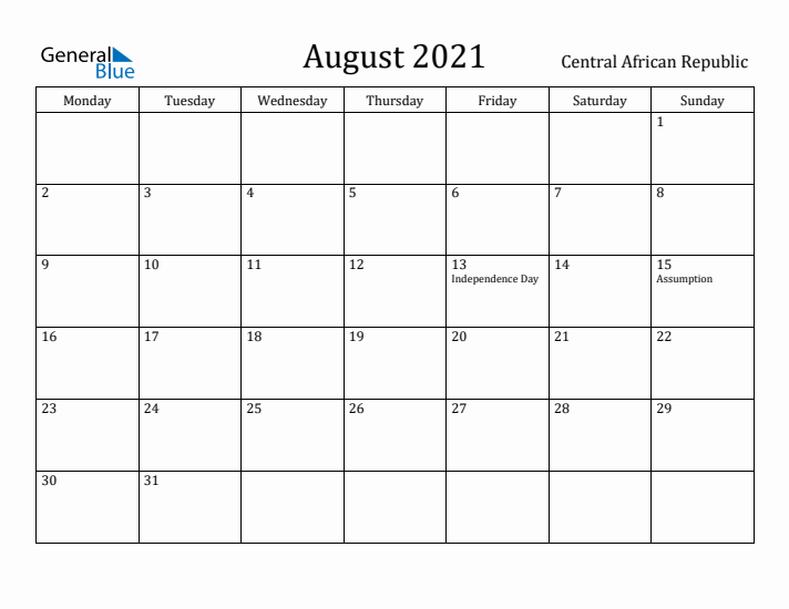 August 2021 Calendar Central African Republic