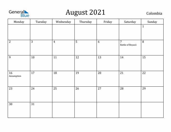 August 2021 Calendar Colombia