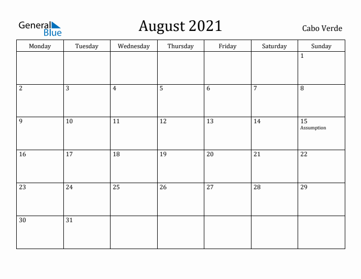 August 2021 Calendar Cabo Verde