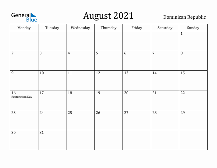 August 2021 Calendar Dominican Republic