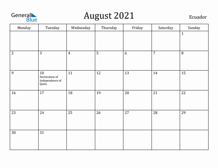 August 2021 Calendar Ecuador
