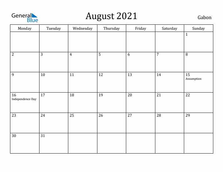August 2021 Calendar Gabon