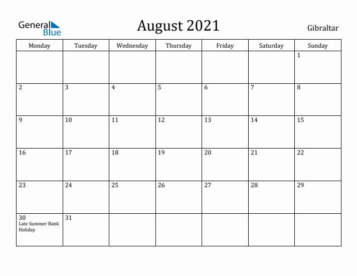 August 2021 Calendar Gibraltar
