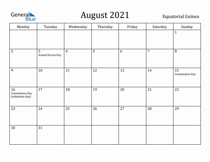 August 2021 Calendar Equatorial Guinea