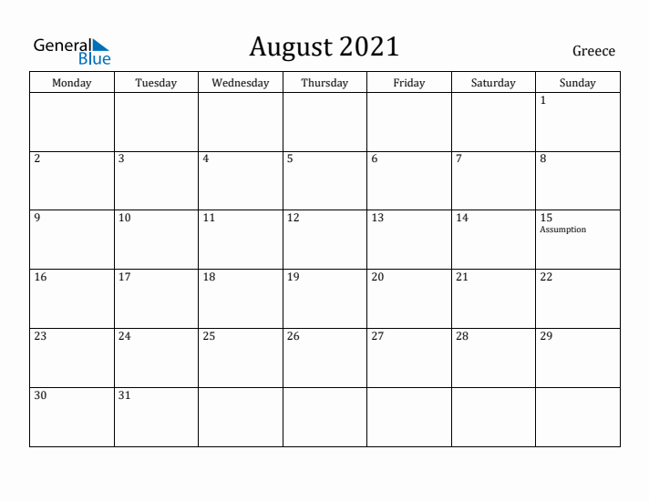 August 2021 Calendar Greece