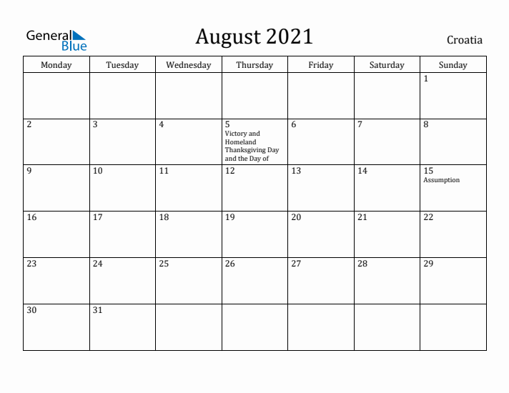 August 2021 Calendar Croatia
