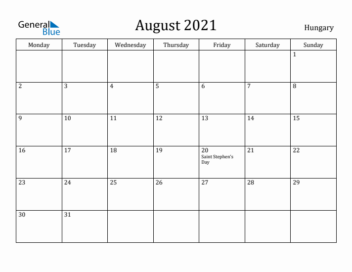 August 2021 Calendar Hungary