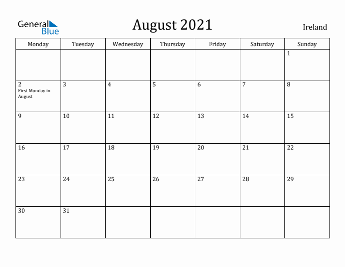 August 2021 Calendar Ireland