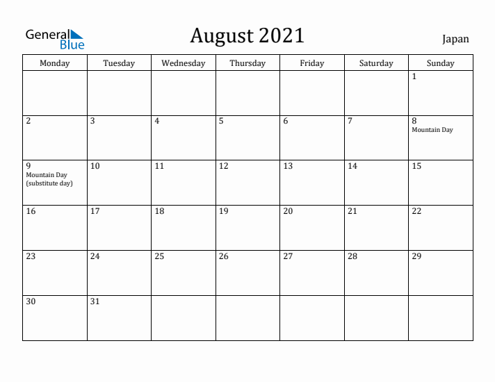 August 2021 Calendar Japan