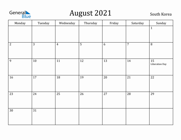 August 2021 Calendar South Korea