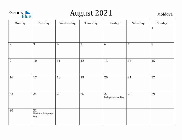 August 2021 Calendar Moldova