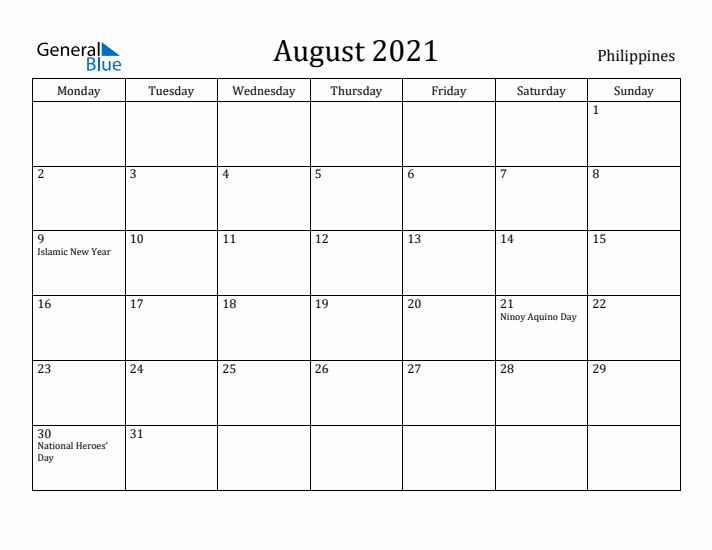 August 2021 Calendar Philippines