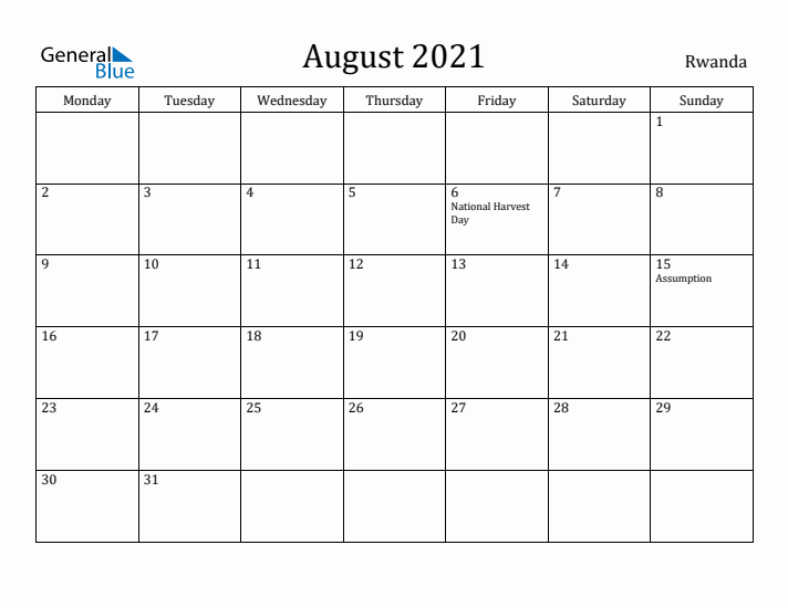 August 2021 Calendar Rwanda