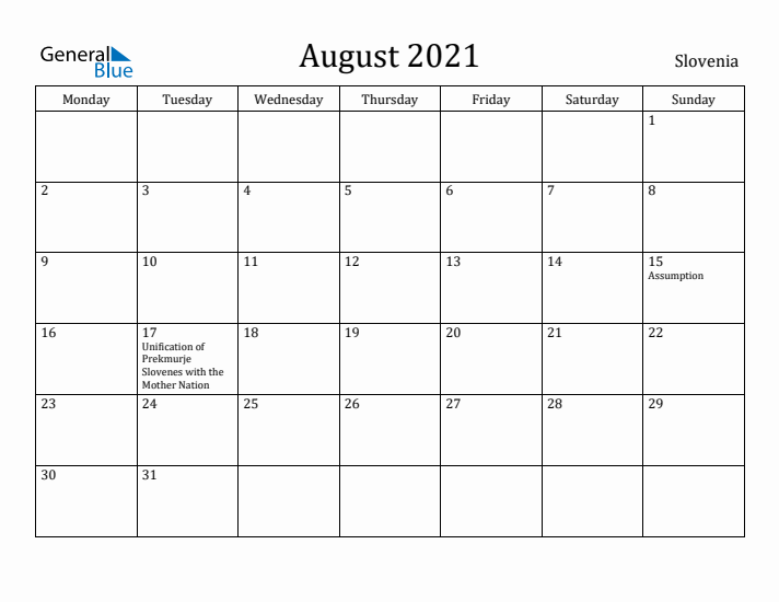 August 2021 Calendar Slovenia