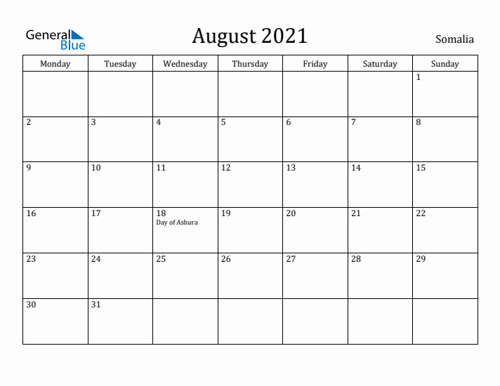 August 2021 Calendar Somalia