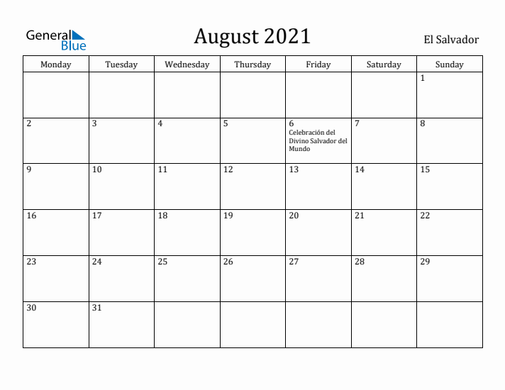 August 2021 Calendar El Salvador