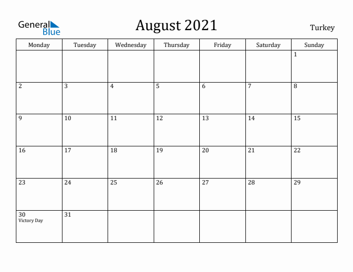August 2021 Calendar Turkey