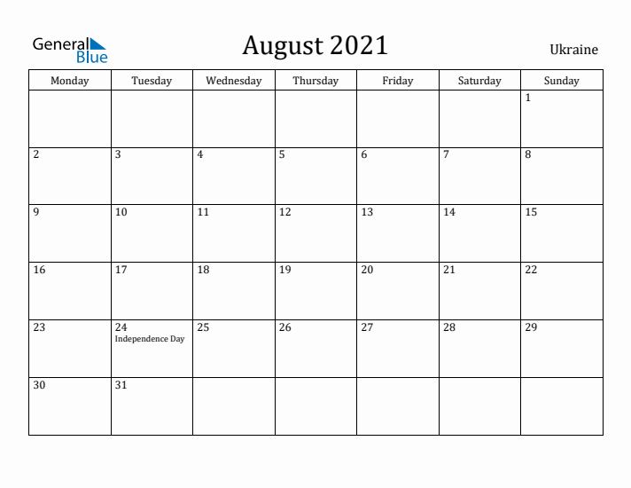 August 2021 Calendar Ukraine