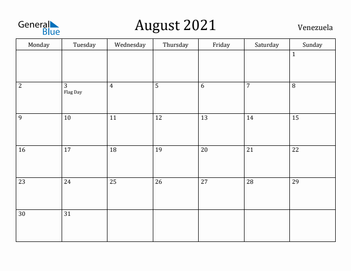 August 2021 Calendar Venezuela