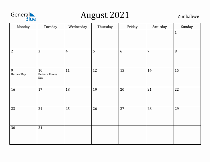 August 2021 Calendar Zimbabwe