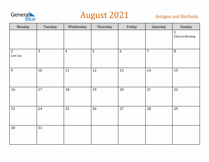 August 2021 Holiday Calendar with Monday Start