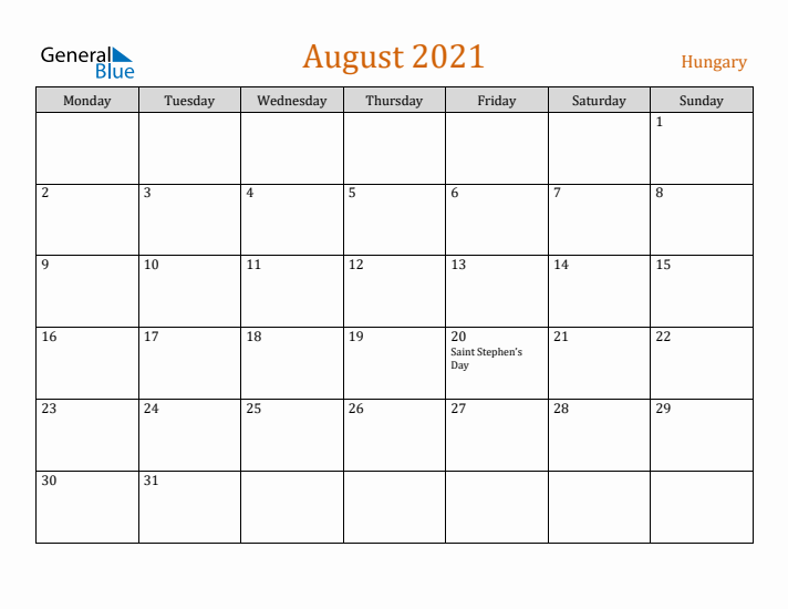 August 2021 Holiday Calendar with Monday Start