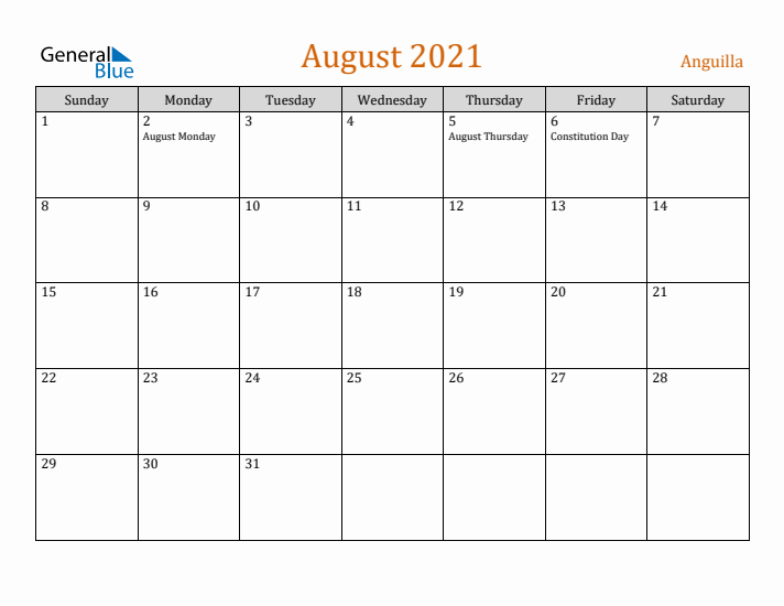 August 2021 Holiday Calendar with Sunday Start