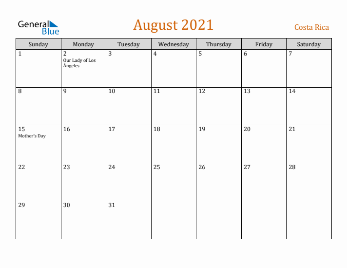 August 2021 Holiday Calendar with Sunday Start