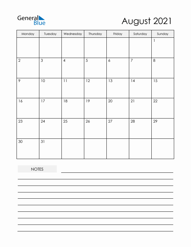Printable Calendar with Notes - August 2021 
