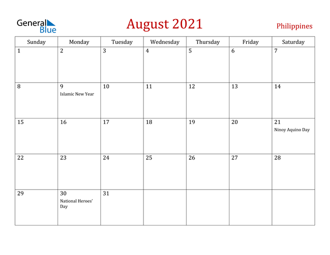 Philippines August 2021 Calendar With Holidays