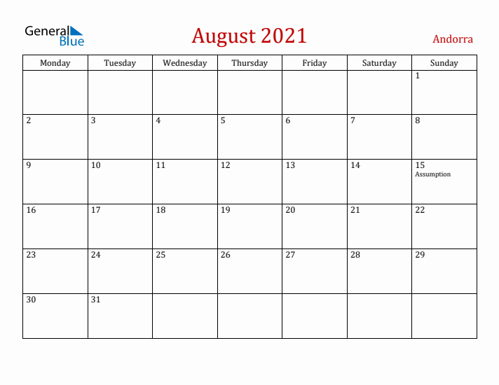Andorra August 2021 Calendar - Monday Start
