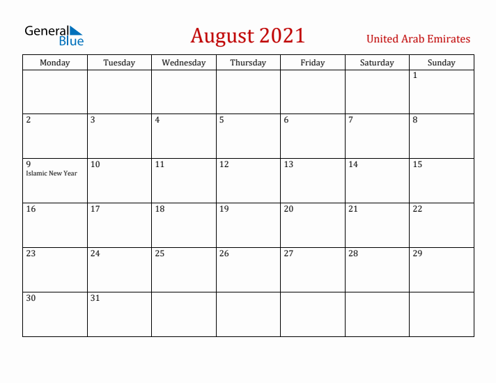 United Arab Emirates August 2021 Calendar - Monday Start