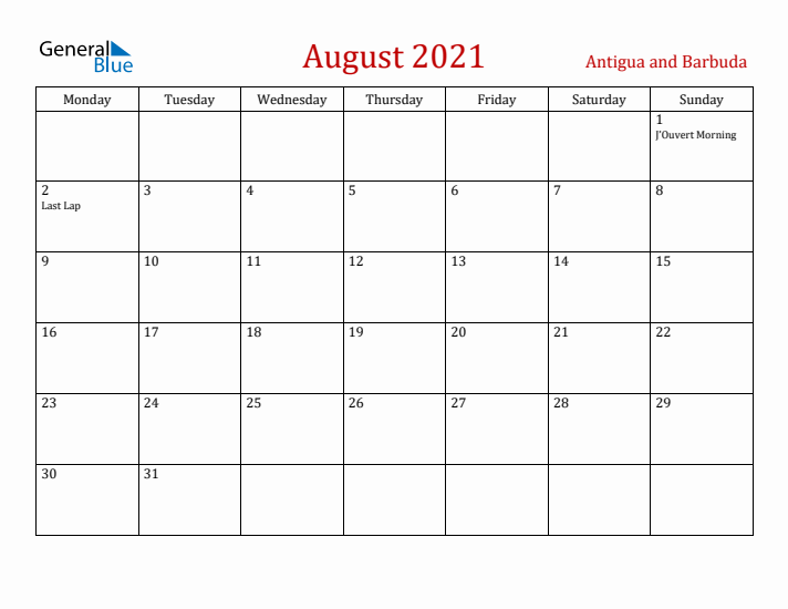 Antigua and Barbuda August 2021 Calendar - Monday Start