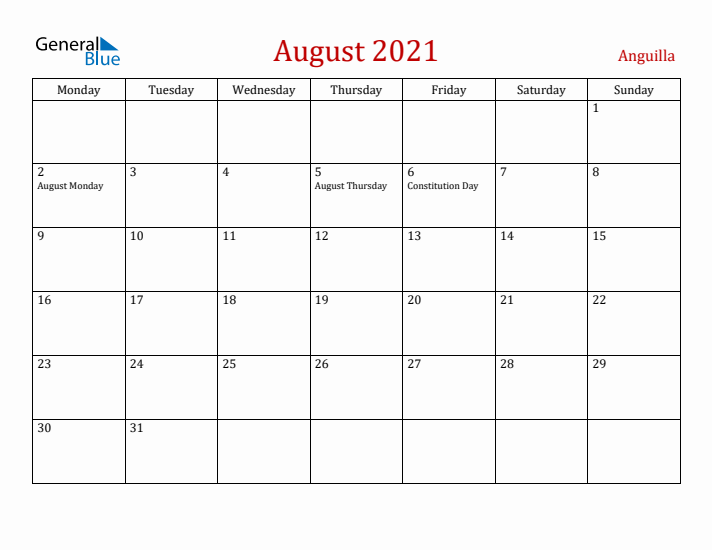 Anguilla August 2021 Calendar - Monday Start