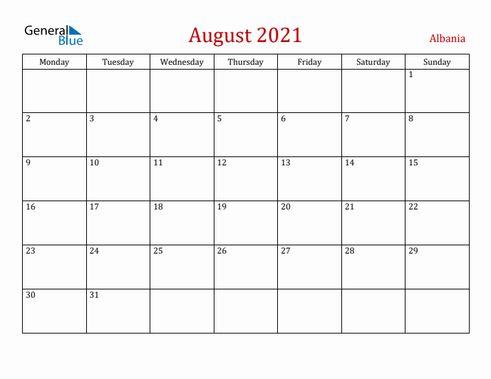 Albania August 2021 Calendar - Monday Start