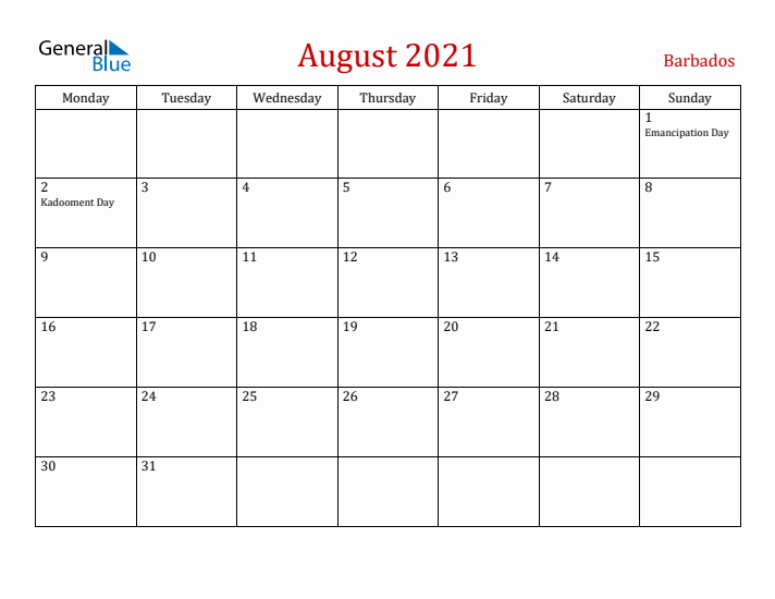 Barbados August 2021 Calendar - Monday Start