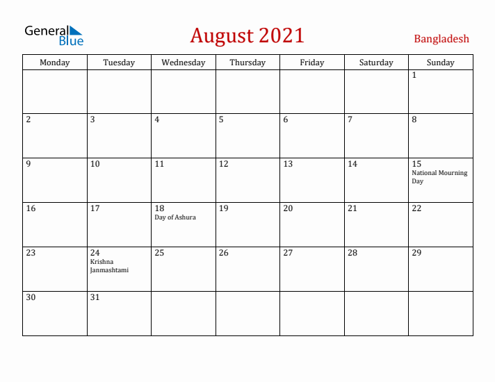 Bangladesh August 2021 Calendar - Monday Start