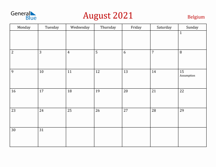 Belgium August 2021 Calendar - Monday Start
