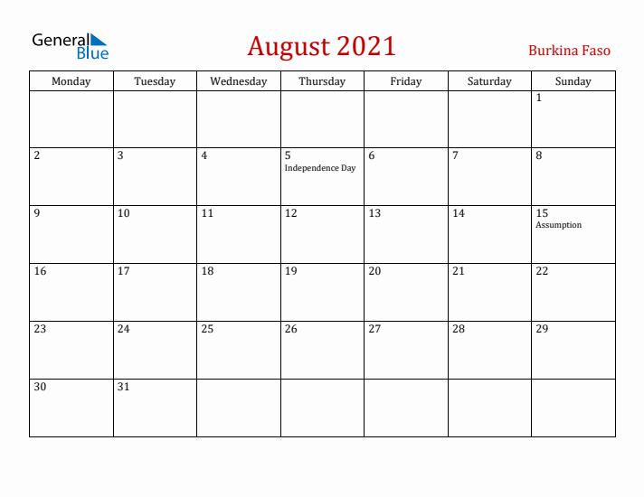 Burkina Faso August 2021 Calendar - Monday Start