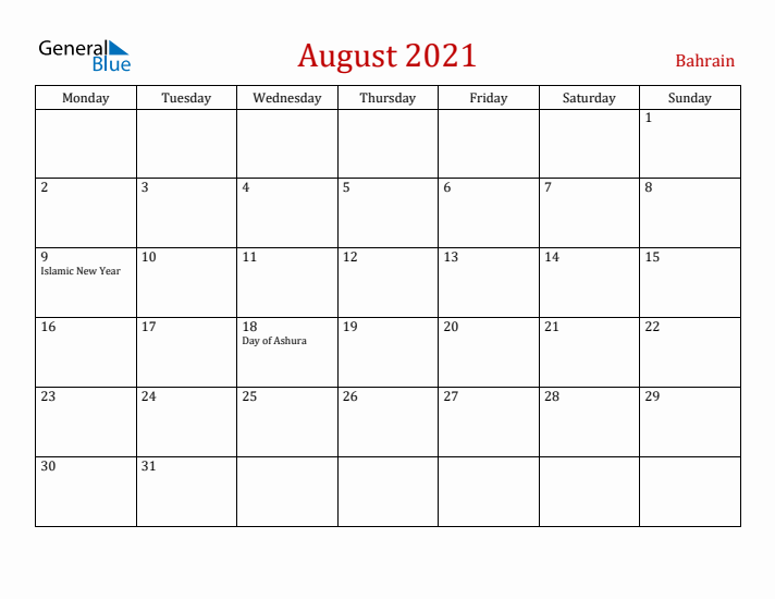 Bahrain August 2021 Calendar - Monday Start