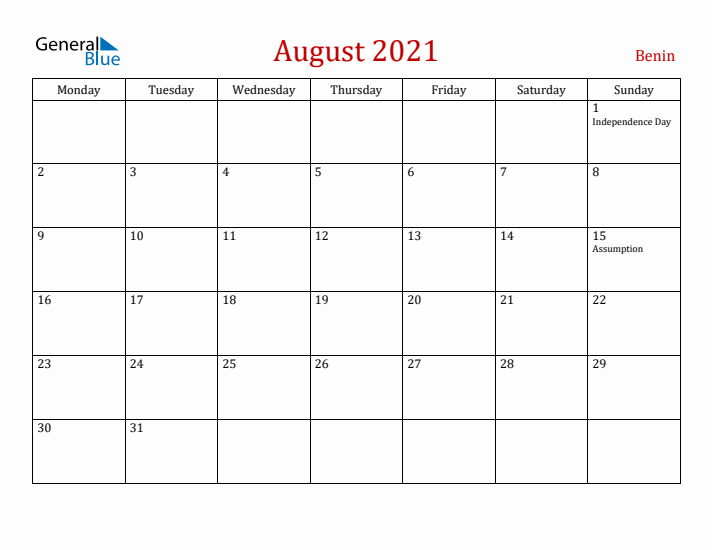 Benin August 2021 Calendar - Monday Start