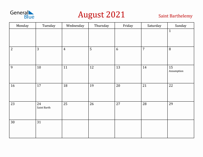 Saint Barthelemy August 2021 Calendar - Monday Start