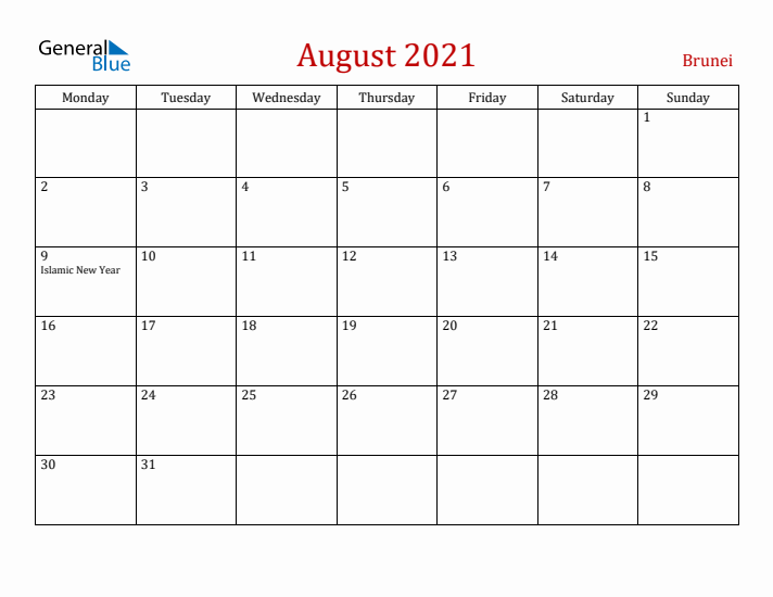 Brunei August 2021 Calendar - Monday Start