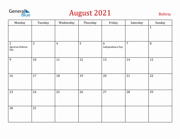 Bolivia August 2021 Calendar - Monday Start