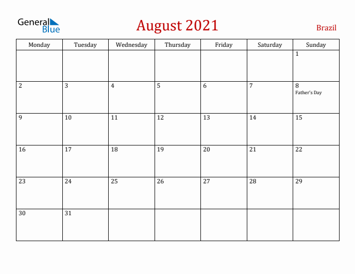 Brazil August 2021 Calendar - Monday Start
