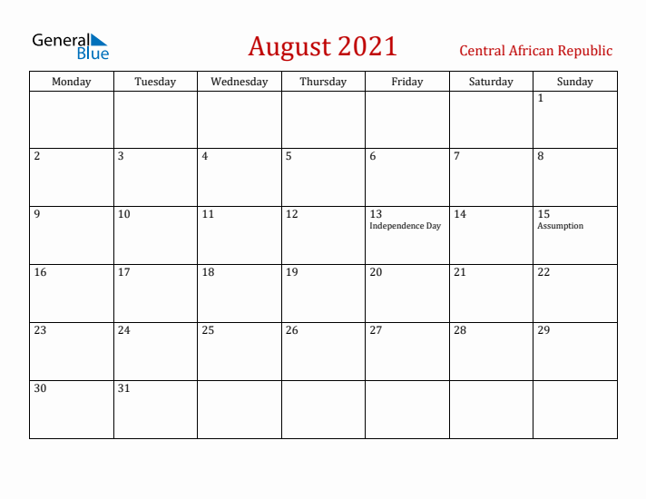 Central African Republic August 2021 Calendar - Monday Start