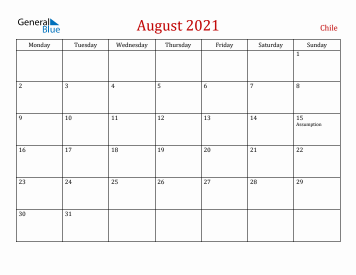 Chile August 2021 Calendar - Monday Start