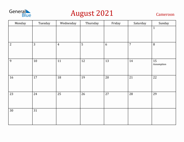 Cameroon August 2021 Calendar - Monday Start