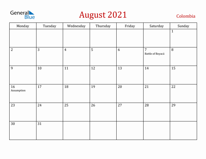 Colombia August 2021 Calendar - Monday Start